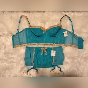 Power Femme Lace Bustier Bra & Garter Skirt Set in Azure Blue & Champagne